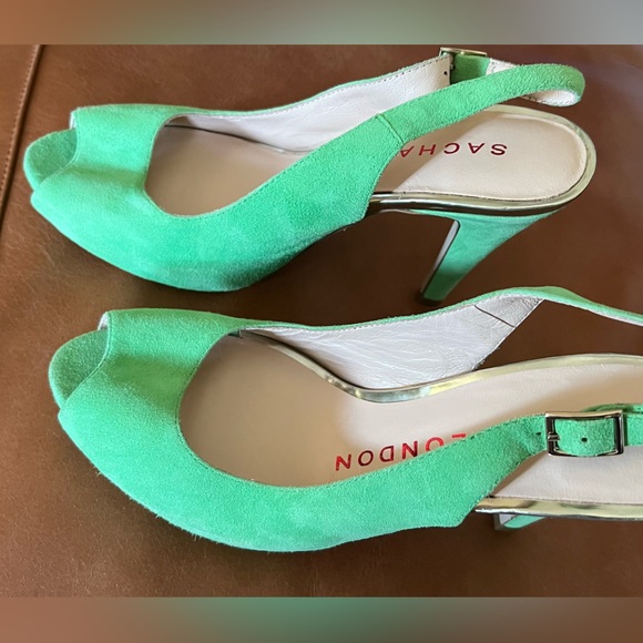 Sasha London Shoes Neon Green Sued Leather Peep Toe Shoes with 4” hills size 6.5 - Picture 2 of 9
